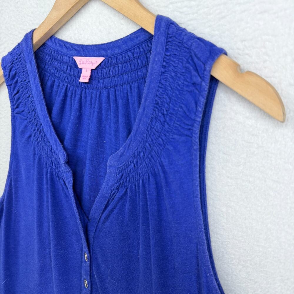LILLY PULITZER Dress L Essie Tank Mini Smocked Popover Cotton Modal Blue - Picture 2 of 12